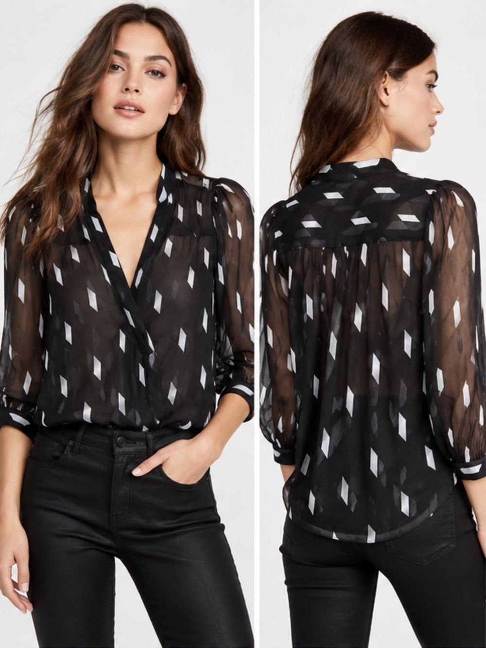 Gently Used Alice + Olivia Sheila Silk Blend Sheer Geometric Blouse, size medium
